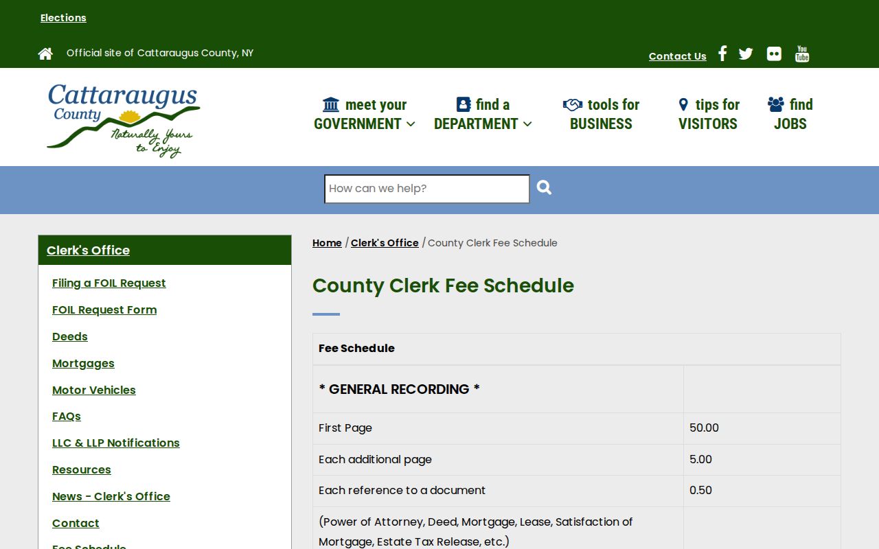 Cattaraugus County court record copy and certification fee page