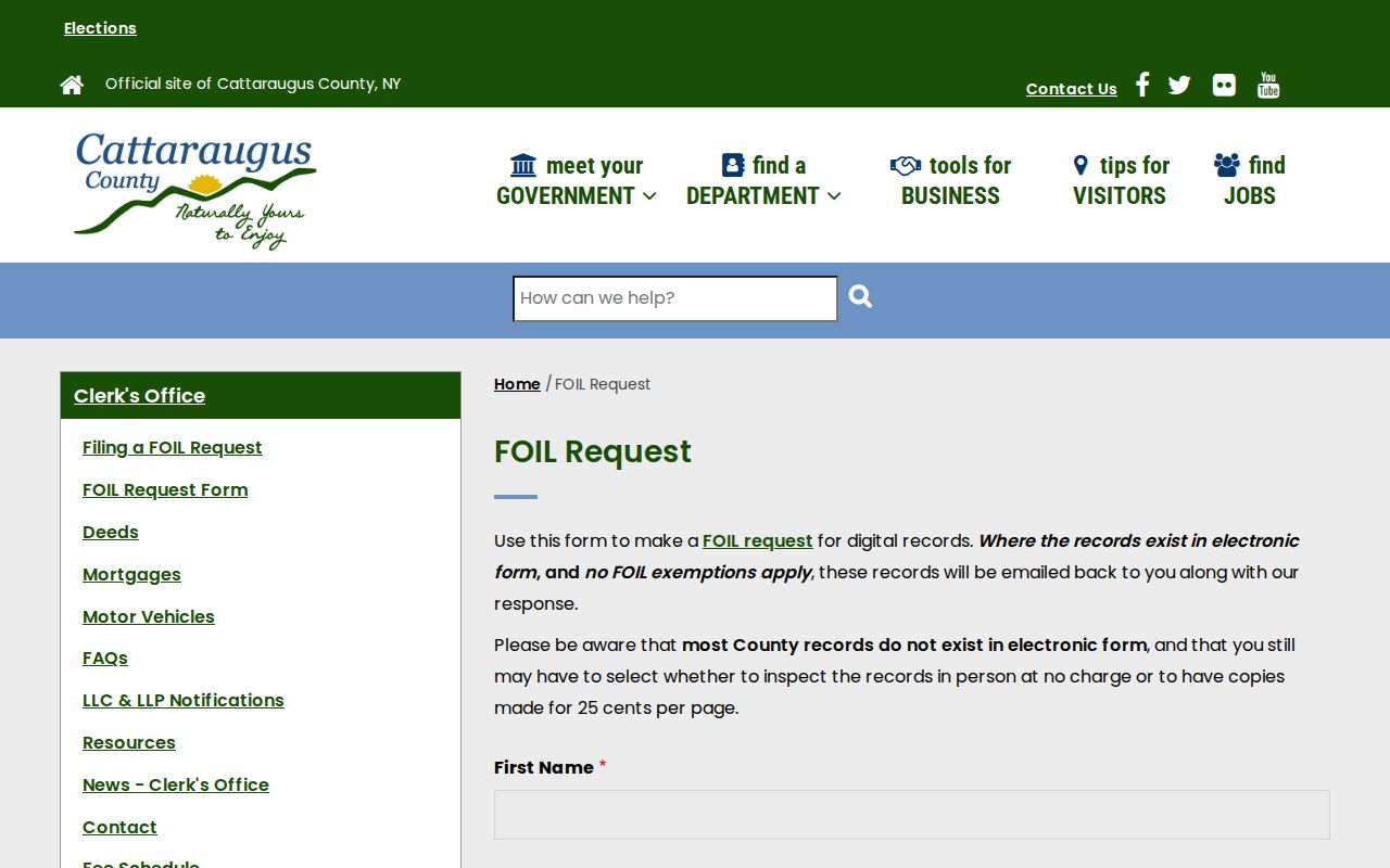Cattaraugus County criminal records electronic FOIL request form