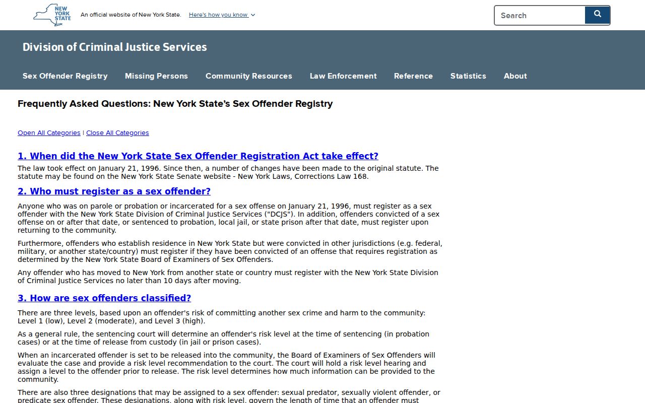 Cattaraugus County sex offender verification schedule and visibility FAQ from DCJS