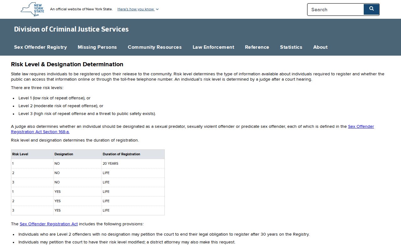 Cattaraugus County sex offender registration levels and duration chart from DCJS