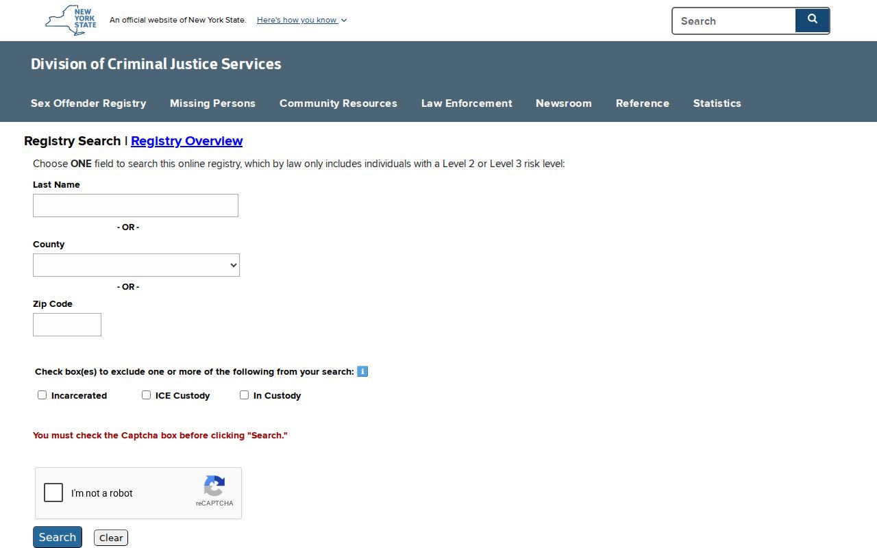 Cattaraugus County sex offender registry search form from New York DCJS